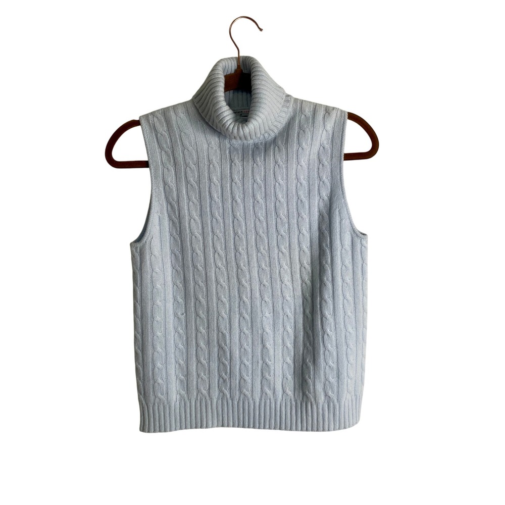 Evelyn Grace Cashmere Vest Women Medium Blue Excellent Cable Knit Turtleneck
